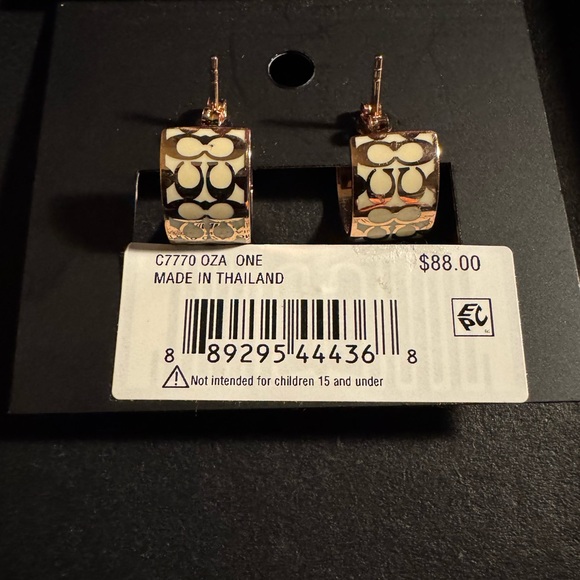 Coach Signature Huggie Earrings Rose Gold Tone Off White Enamel New & Authentic - Picture 5 of 6